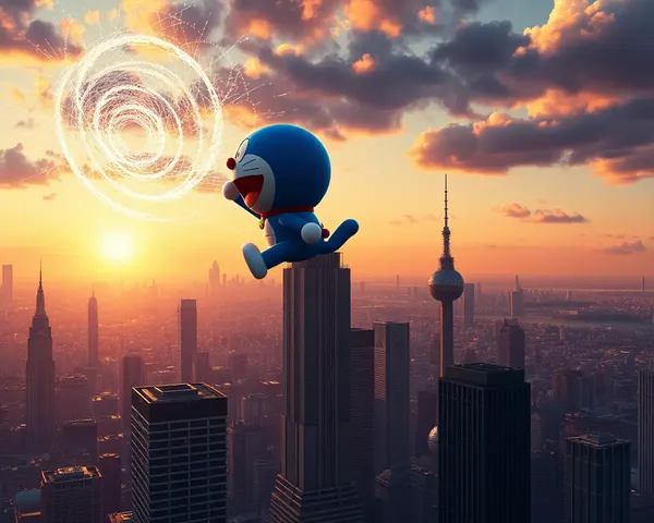Doraemon Soars Above Futuristic Cityscape at Sunset