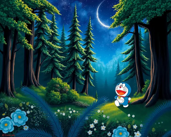 Doraemon Stands at Edge of Magical Forest Lake
