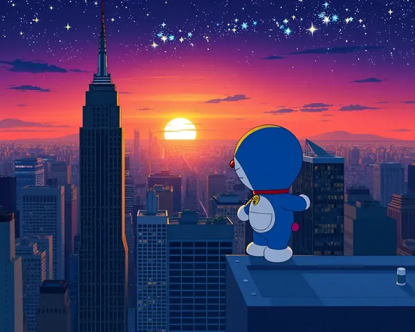 Doraemon Stands on City Rooftop at Sunset