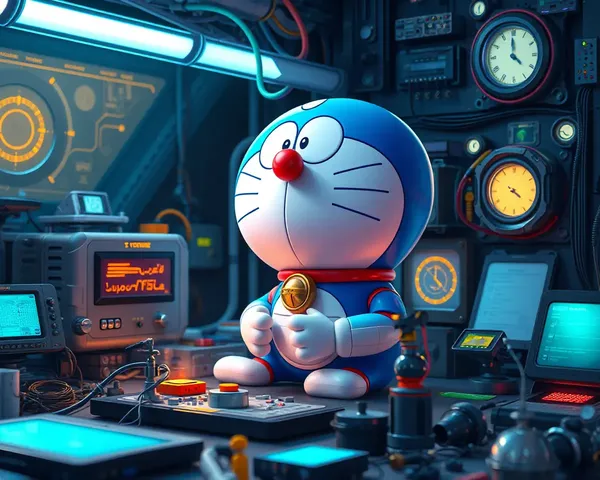 Doraemon Tinkers with Gadgets in Futuristic Lab