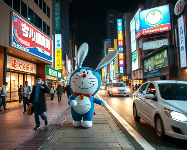 Doraemon Walks Down Bustling Tokyo Street Scene