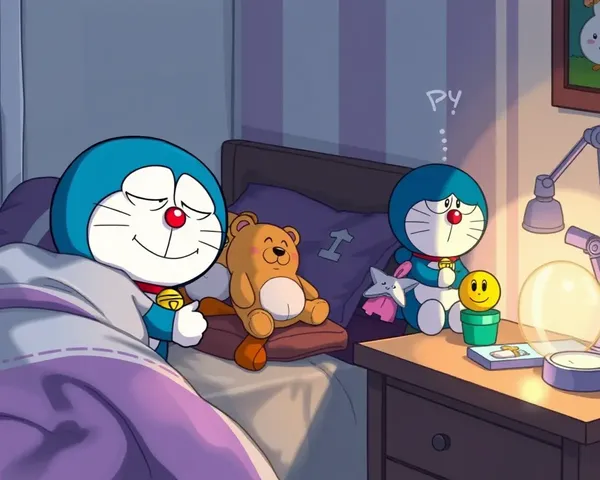 Doraemon Watches Over Sleeping Child with Gentle Smile