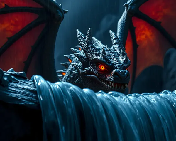 Dragon's Fiery Eyes Glow in Dark Behind Waterfall