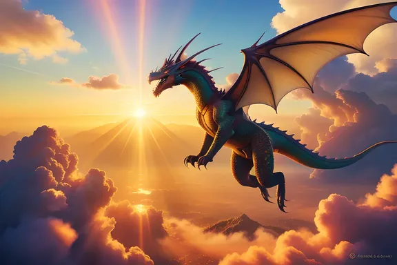 Dragon Soaring through Bright Yellow Sky with Yyyyyy Colors
