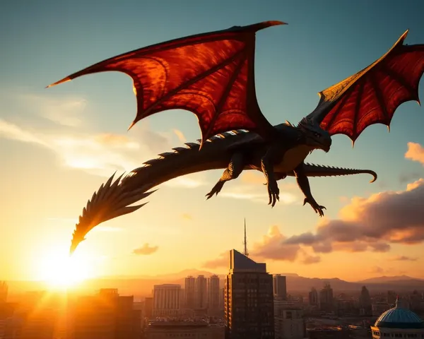 Dragon Takes Flight Over Cityscape at Sunset with Spreading Wings