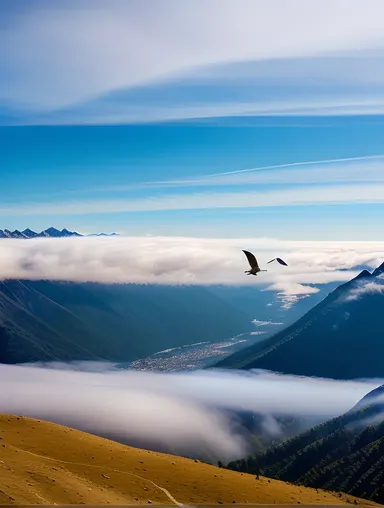 Dramatic Aseel Birds in Flight over Misty Mountains.