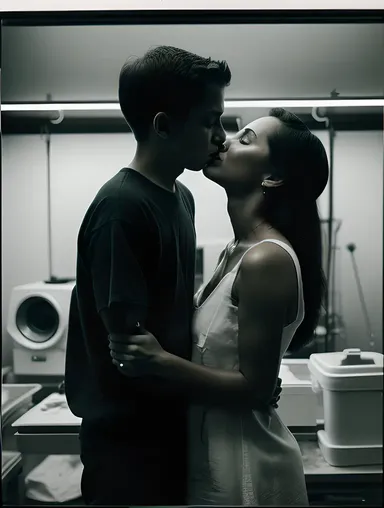 Dramatic Black and White Photo of Boy and Girl Kissing