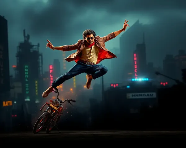 Dramatic Bollywood Action Scene with Hero and Cityscape