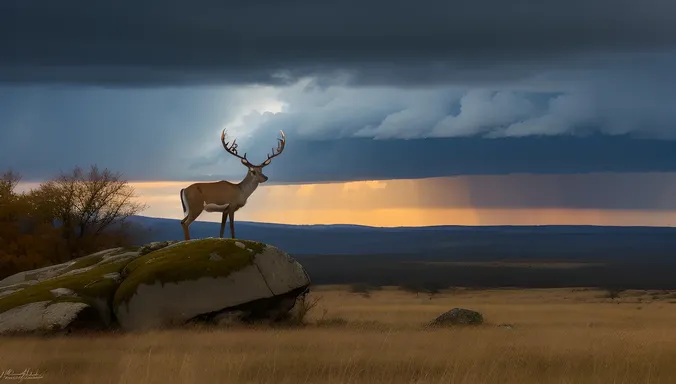 Dramatic Buck Deer on Rocky Outcropping with Towering Antlers