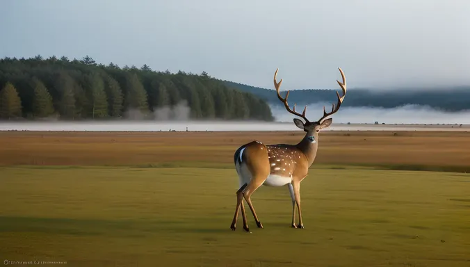 Dramatic Buck Deer with Towering Antlers Against Misty Background
