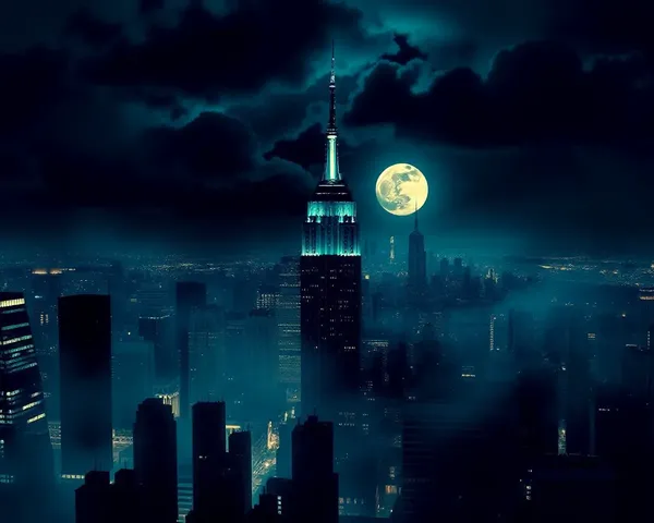 Dramatic Cityscape with Skyscrapers, Moon, and Mystery