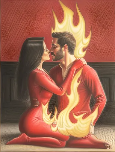 Dramatic Couple Embraces in Fiery Room