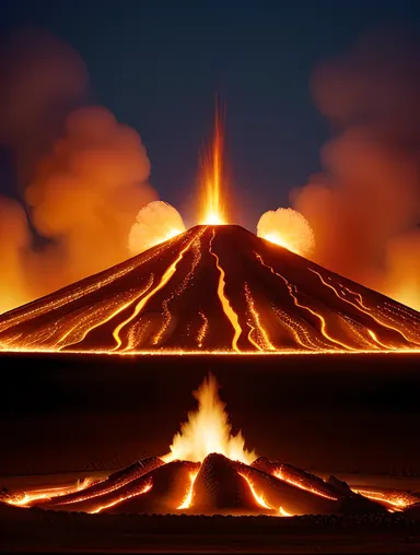 Dramatic Fiery Volcano with Lava Flows and Ash Clouds
