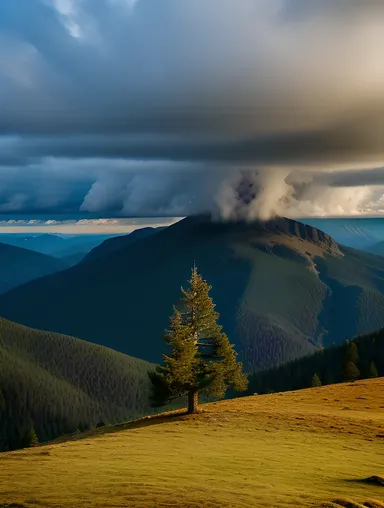 Dramatic Fir Tree on Windswept Mountain Peak