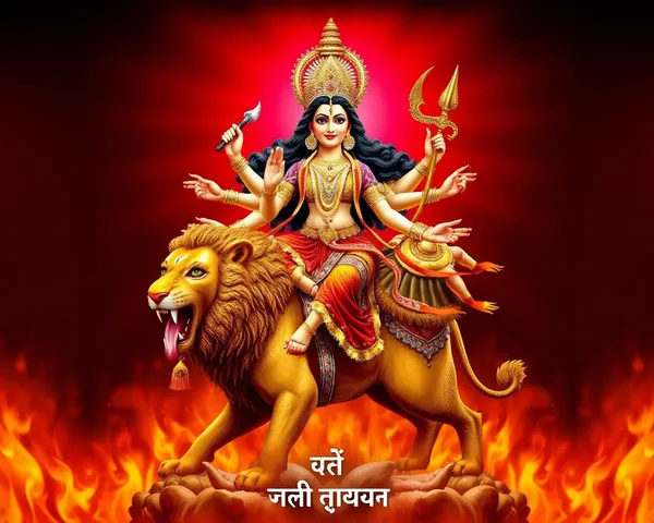 Dramatic Goddess Durga Riding Lion with Fiery Red Background