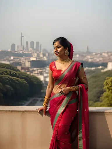 Dramatic Indian Bhabhi in Bold Red Saree with Cityscape