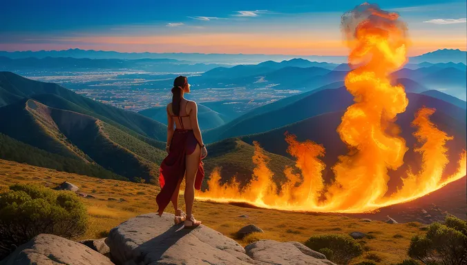 Dramatic Kaliamman on Mountain Peak with Fiery Aura