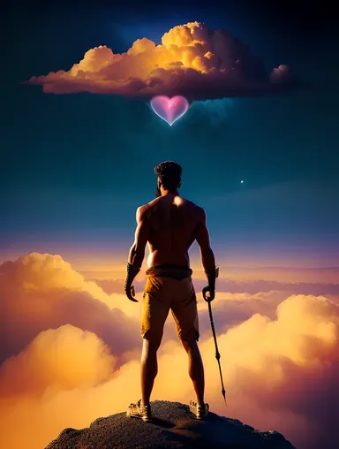 Dramatic Kamdev on Mountain Peak with Celestial Backdrop