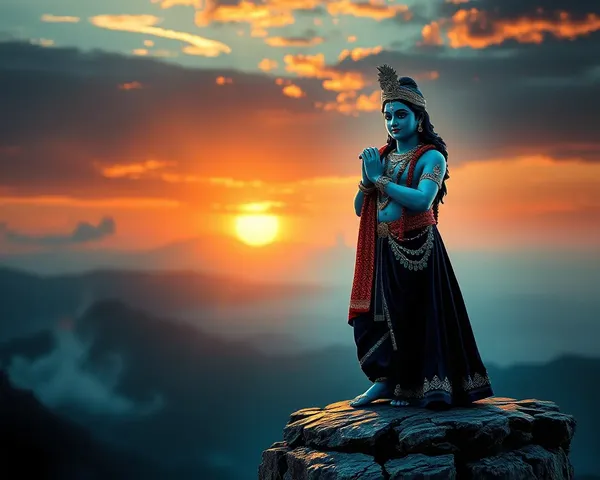Dramatic Krishna in Dark Blue Dress with Silver Accents and Sunset