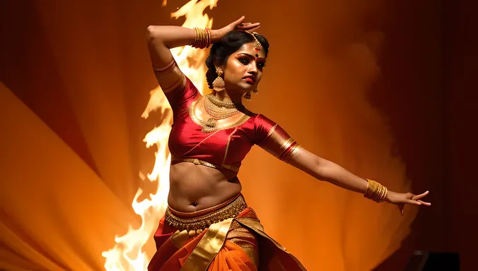 Dramatic Mohiniyattam Dance with Fiery Red Backdrop