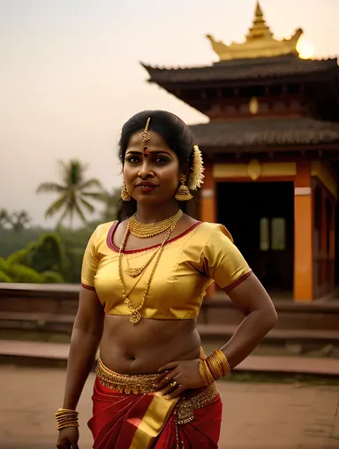Dramatic Mohiniyattam Dancer in Front of Traditional Kerala Temple
