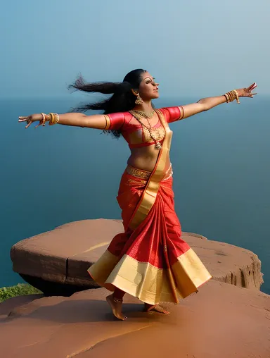 Dramatic Mohiniyattam Dancer on Cliff Edge with Arabian Sea View