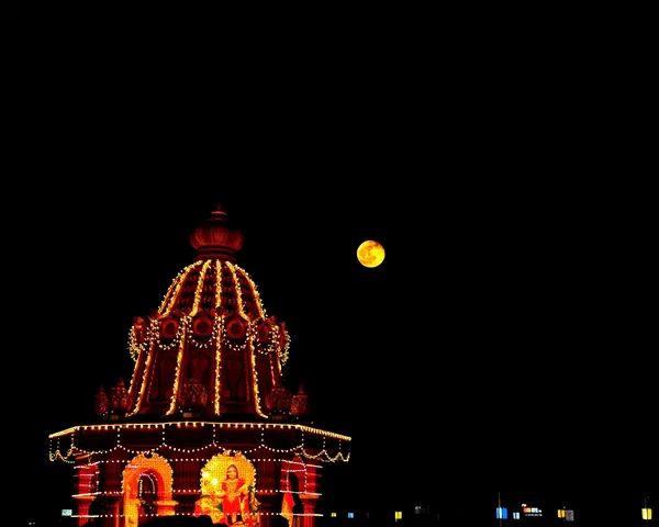Dramatic Nighttime Durga Puja Pandal with Twinkling Lights and Full Moon