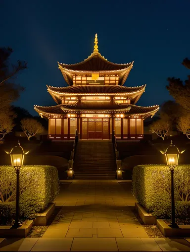 Dramatic Nighttime View of Temple with Twinkling Lights