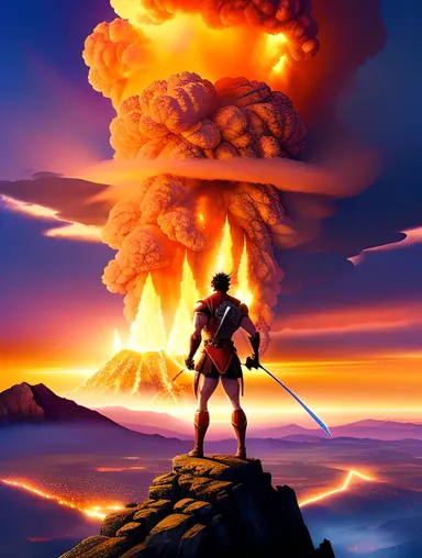 Dramatic Nude Anime: Muscular Warrior on Mountain Peak with Explosion