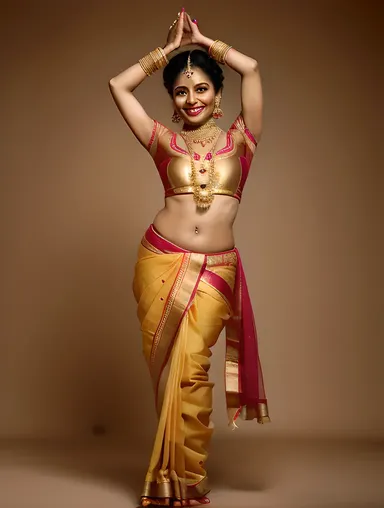 Dramatic Pose of Bharatanatyam Dancer in Stunning Golden Sari