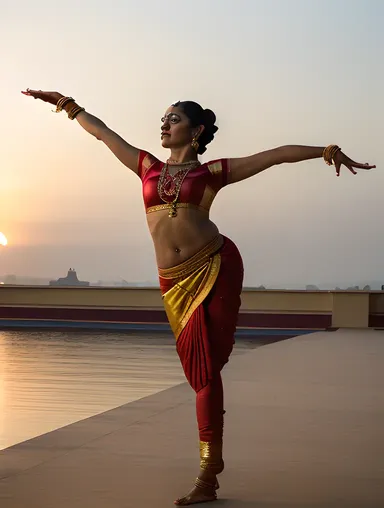 Dramatic Pose of Bharatanatyam Dancer with Sunset Backdrop