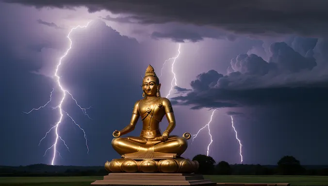 Dramatic Sadashiva Sculpture with Stormy Sky