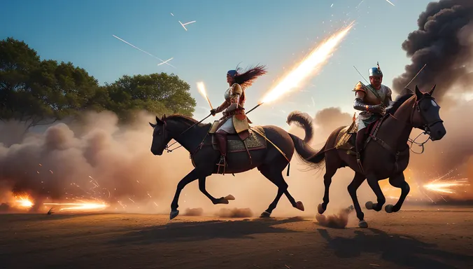 Dramatic Satyabhama Charging into Battle on Peacock Chariot.