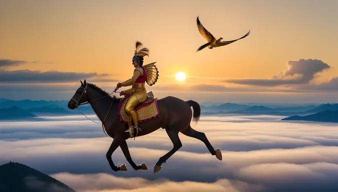 Dramatic Satyabhama Riding Majestic Peacock Above Clouds.