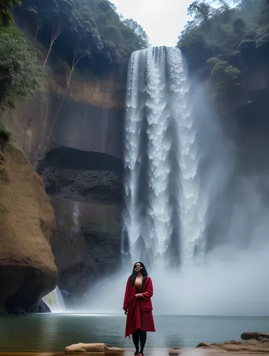 Dramatic Shot of Ritika in Front of Waterfall