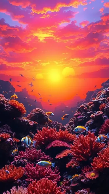 Dramatic Sunset Coral Reef Background for Fish Tank