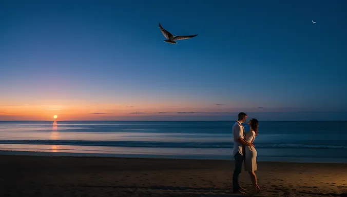 Dreamy Moonlit Beach Hug with Waves and Seagulls