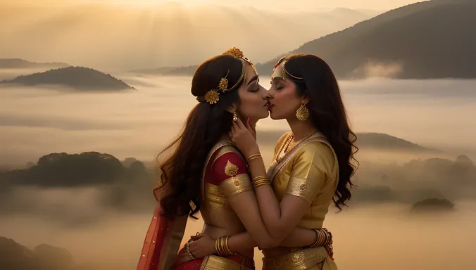 Dreamy Radha Krishna Kiss in Ethereal Clouds