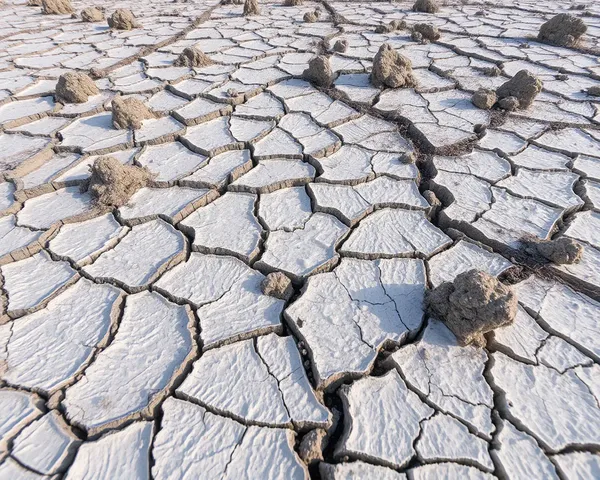 Dry Lake Bed with White Salt and Grey Rocks