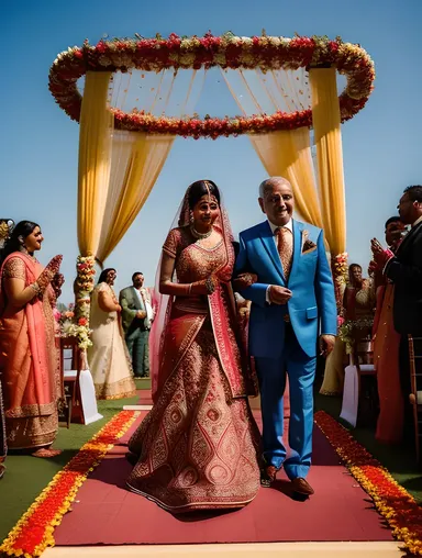 Dulhan Walking Down Aisle with Father and Mandap