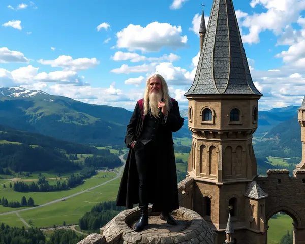 Dumbledore Standing on Hogwarts Castle Tower 4K Wallpaper