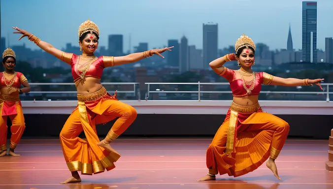 Dynamic Orange Mohiniyattam Dance in Urban Setting