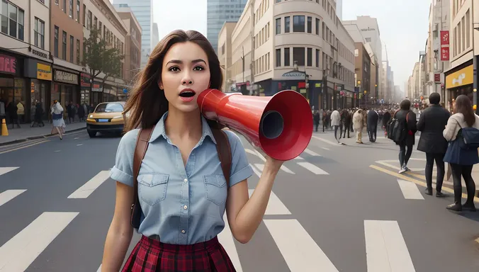 Dynamic School Girl Leads Protest with Megaphone in City Street