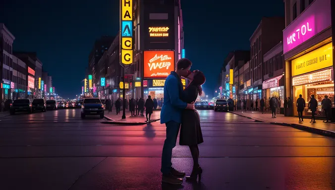 Edgy City Night Kiss Between Boy and Girl