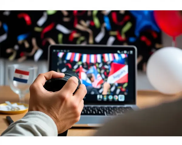 Editing 15 August Celebrations on Laptop with Confetti Background