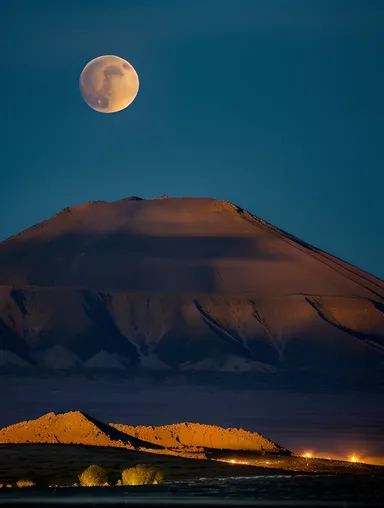 Eerie Nighttime Scene of Extinct Volcano with Full Moon
