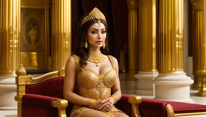 Egyptian Girl Adorns Throne with Golden Jewelry in Palace