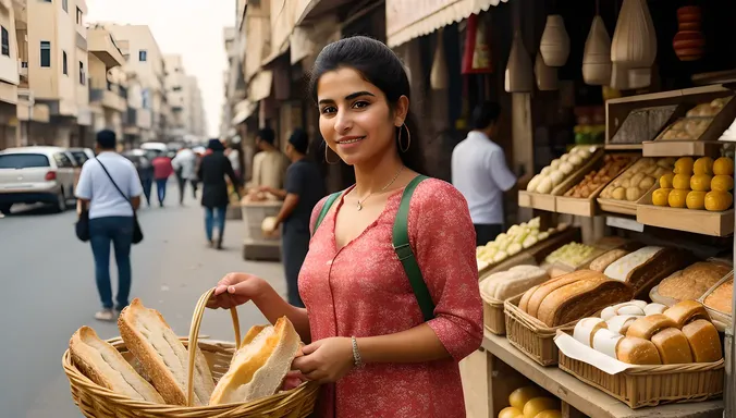 Egyptian Girl Holds Fresh Bread in Bustling Alexandria Street