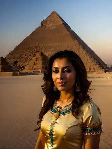 Egyptian Girl Poses Before Pyramids at Sunset