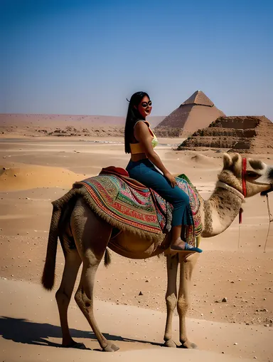 Egyptian Girl Rides Camel Through Desert Landscape
